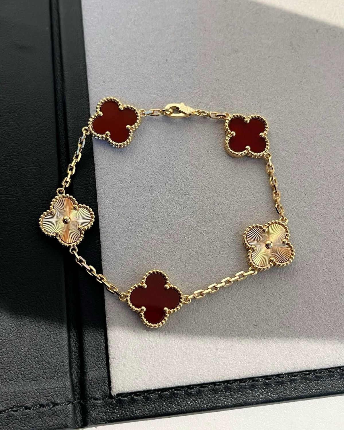 Vintage Five-Motif Red Stone Mix Guilloché Bracelet