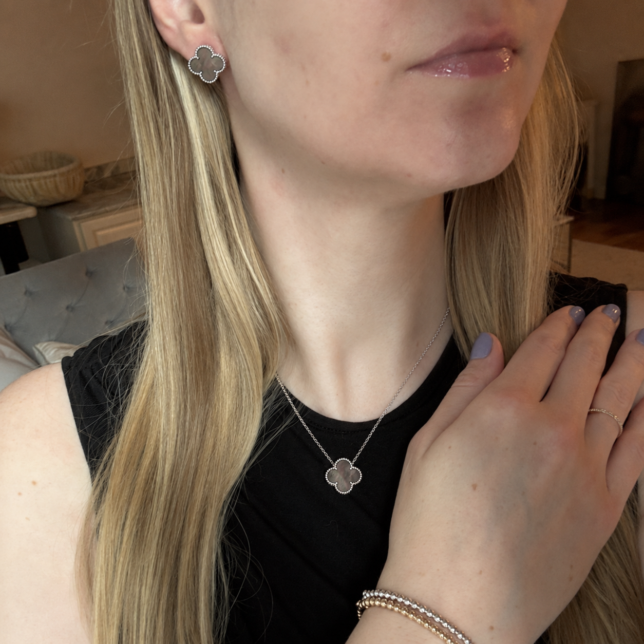 Vintage Black Mother of Pearl Guilloche Earrings