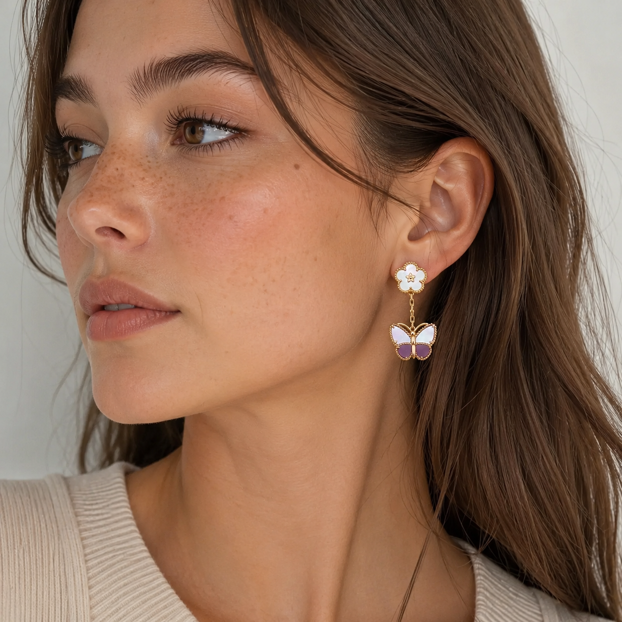 Butterfly Mother of Pearl & Purple Stone Drop Earrings