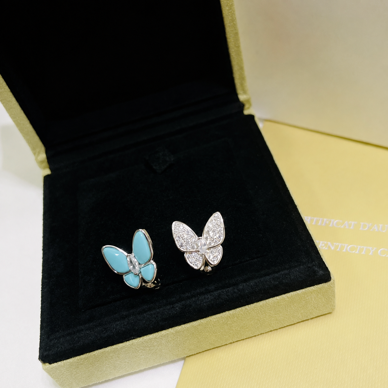Two Butterfly Turquoise Pavé Diamond Earrings