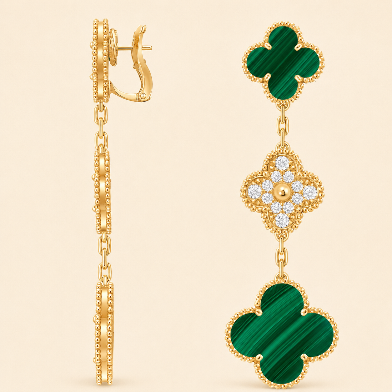 Magic Alhambra Malachite Three Motifs Clover Earrings