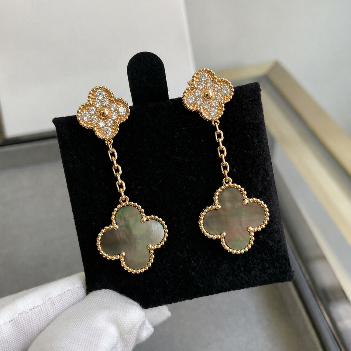 Black Mother of Pearl 2 Motif Clover Drop Earrings