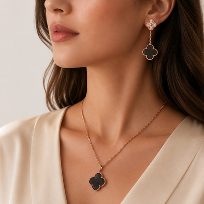 Black Mother of Pearl 2 Motif Clover Drop Earrings