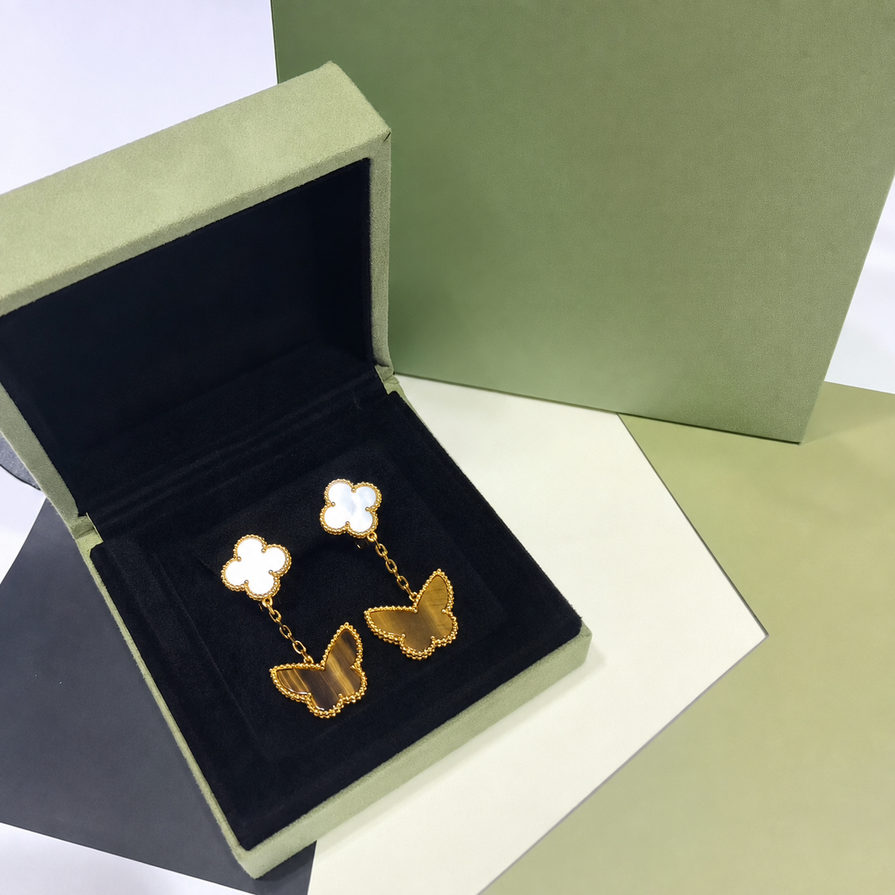 Tiger Eye and Mother of Pearl Two Motif Butterfly Earrings