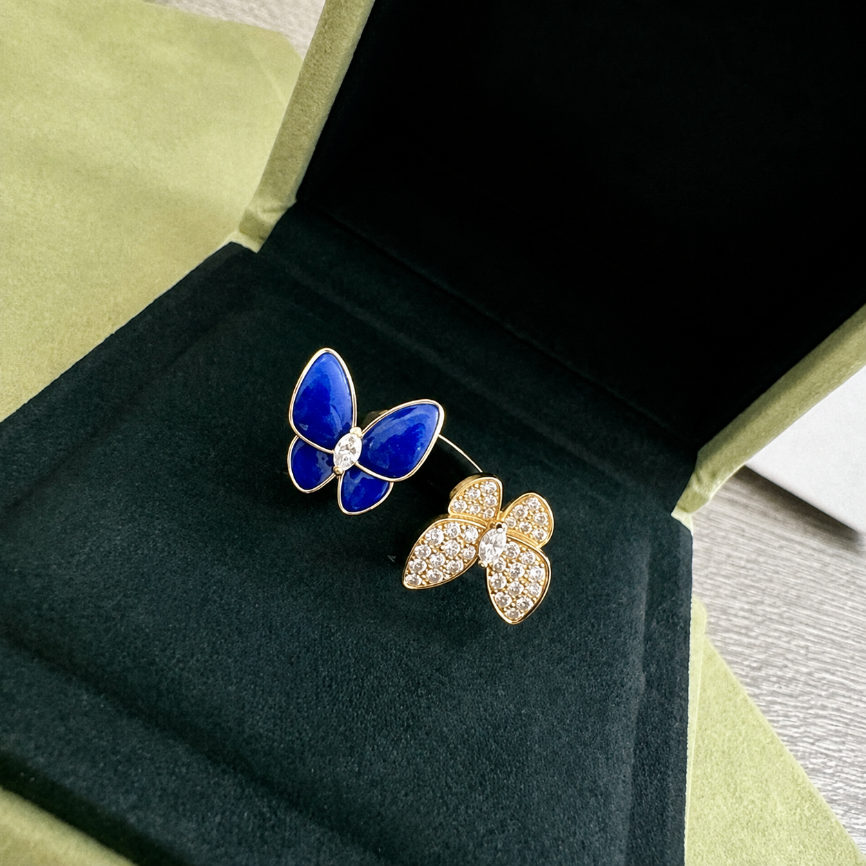 Two Butterfly Blue Agate Pavé Diamond Earrings