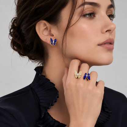 Two Butterfly Blue Agate Pavé Diamond Earrings