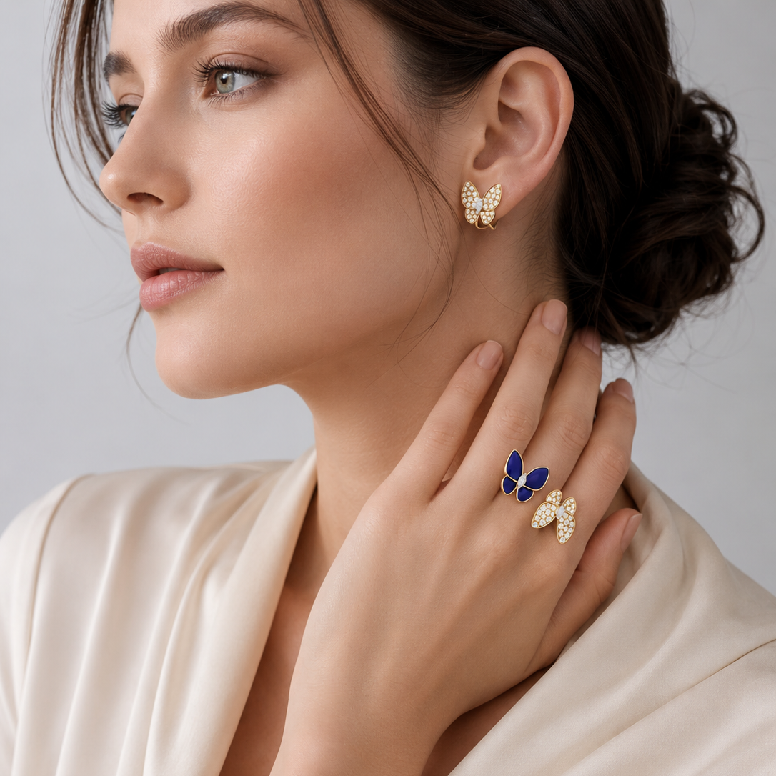 Two Butterfly Blue Agate Pavé Diamond Earrings