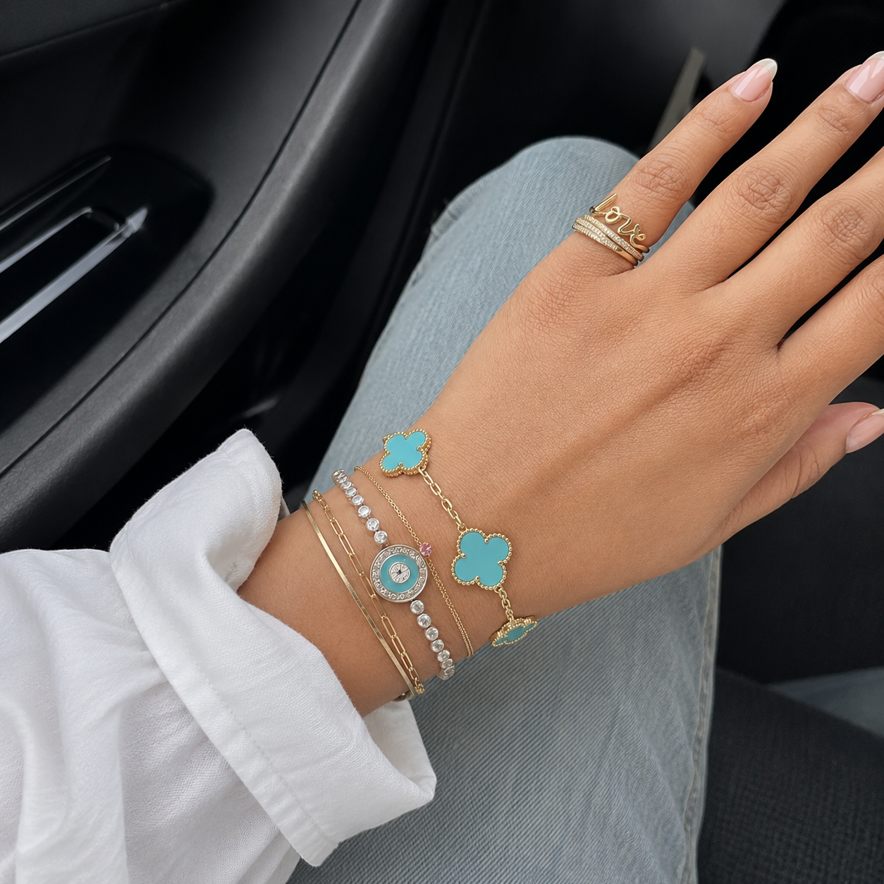 Vintage Five-Motif Turquoise Clover Bracelet