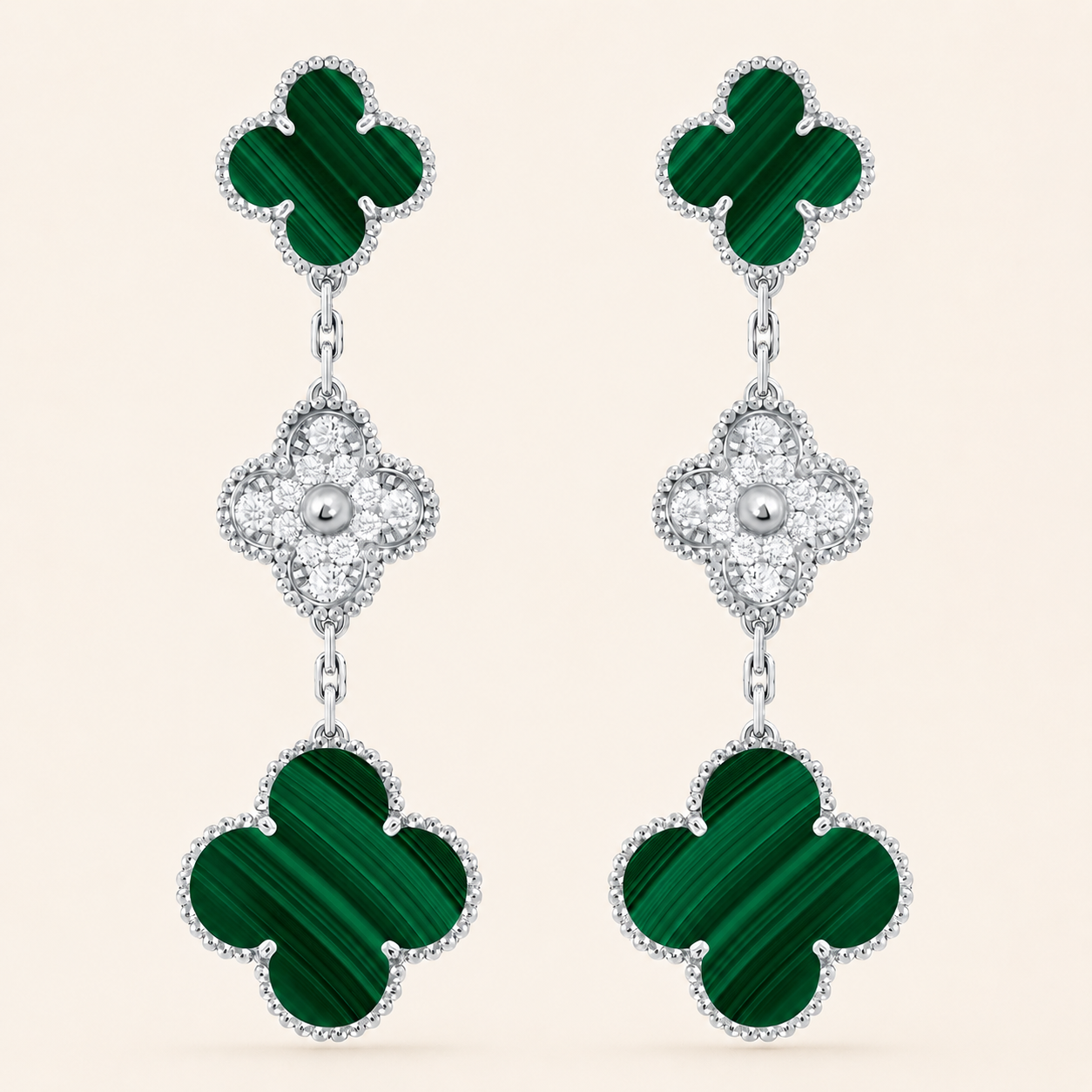 Magic Alhambra Malachite Three Motifs Clover Earrings