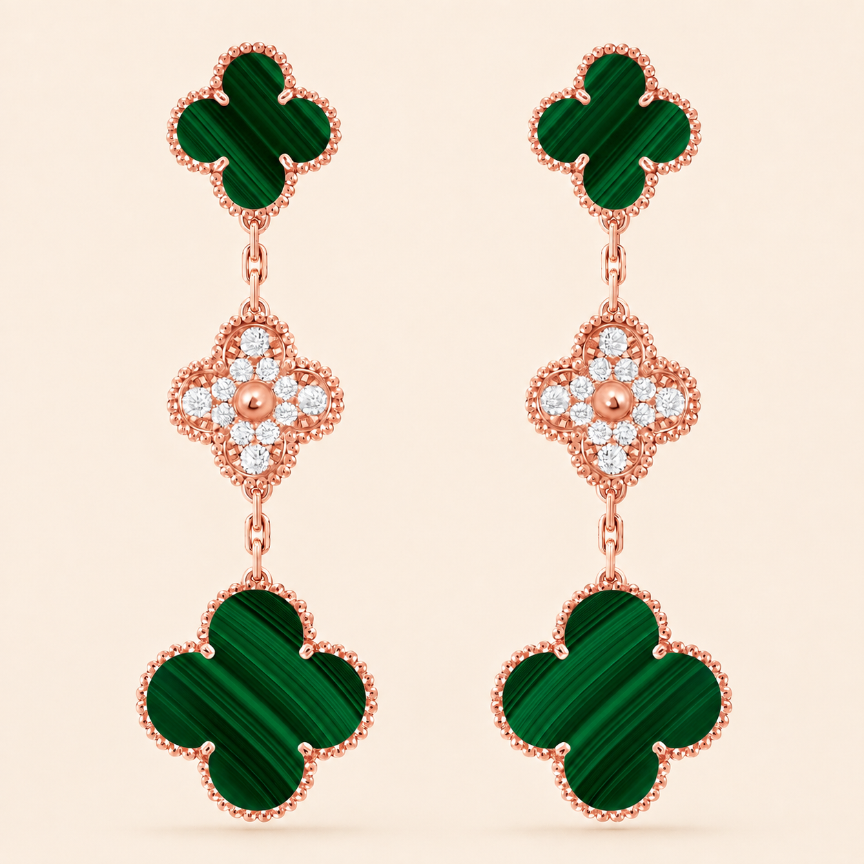 Magic Alhambra Malachite Three Motifs Clover Earrings