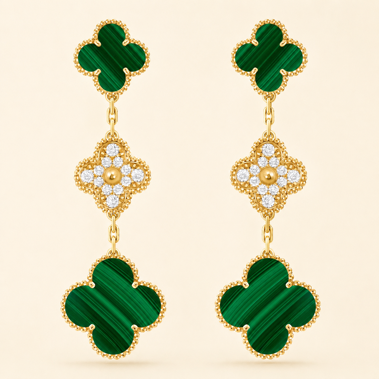Magic Alhambra Malachite Three Motifs Clover Earrings