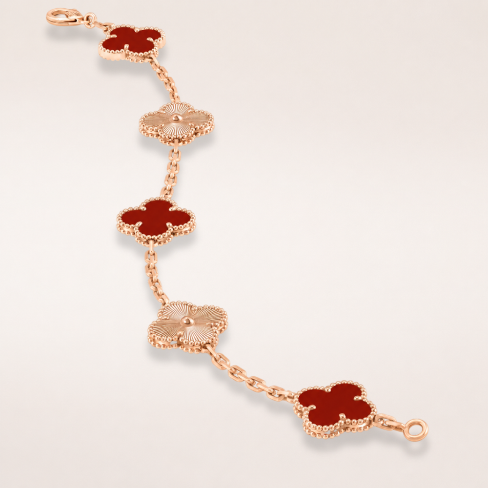 Vintage Five-Motif Red Stone Mix Guilloché Bracelet