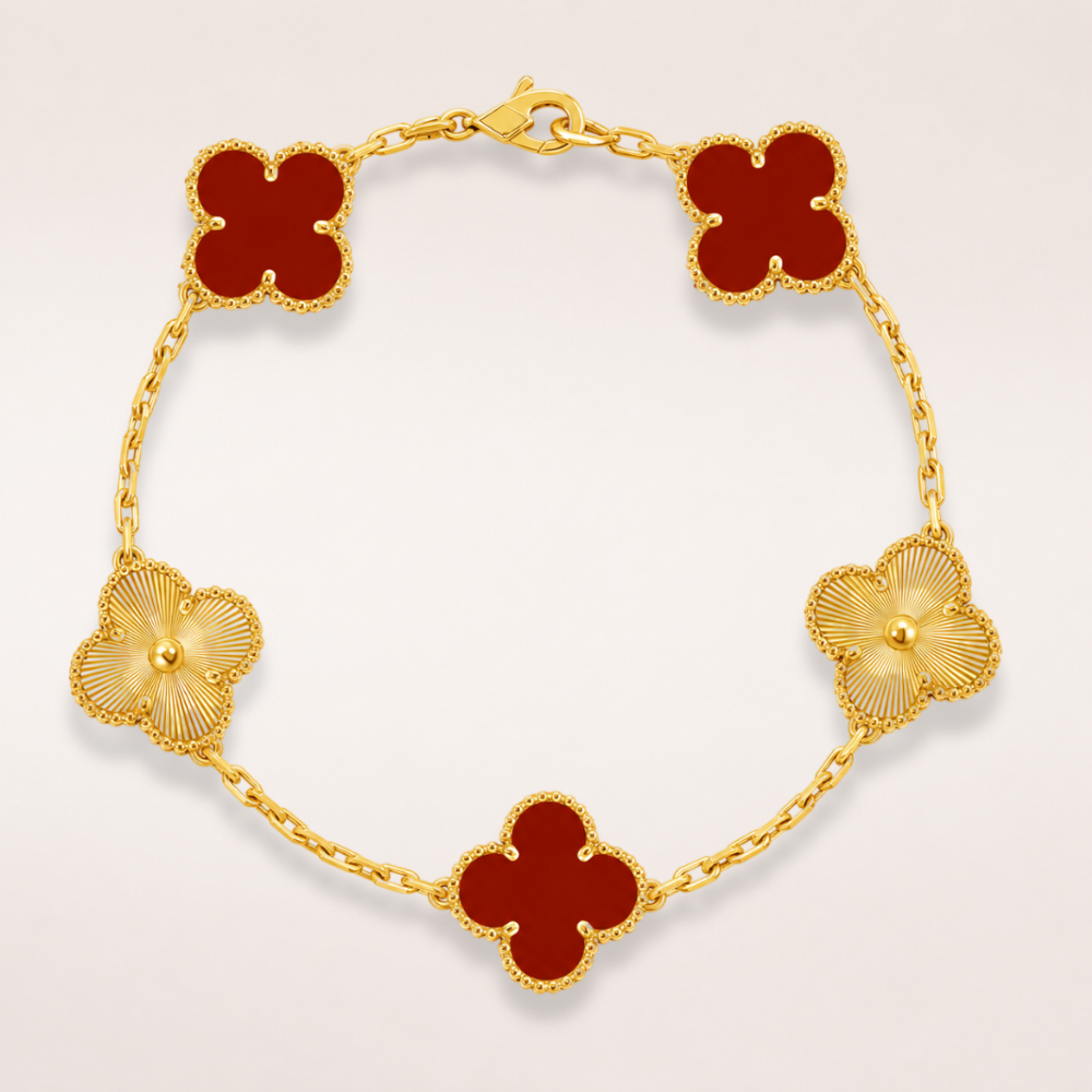Vintage Five-Motif Red Stone Mix Guilloché Bracelet