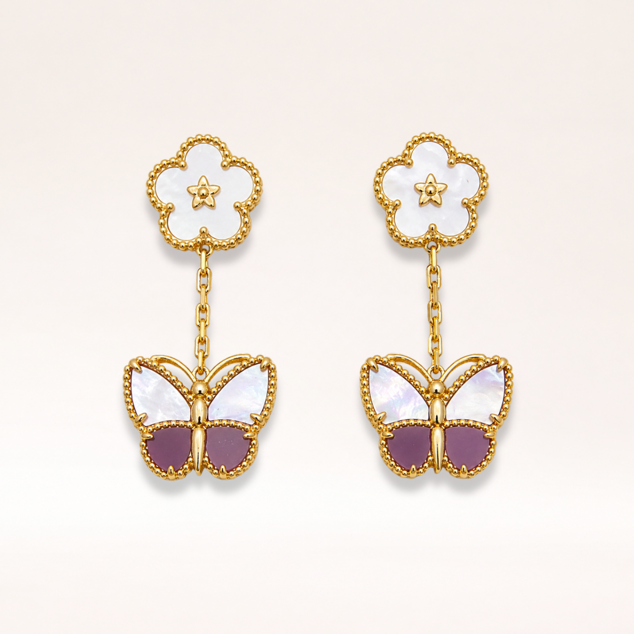 Butterfly Mother of Pearl & Purple Stone Drop Earrings