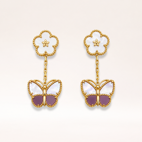 Butterfly Mother of Pearl & Purple Stone Drop Earrings