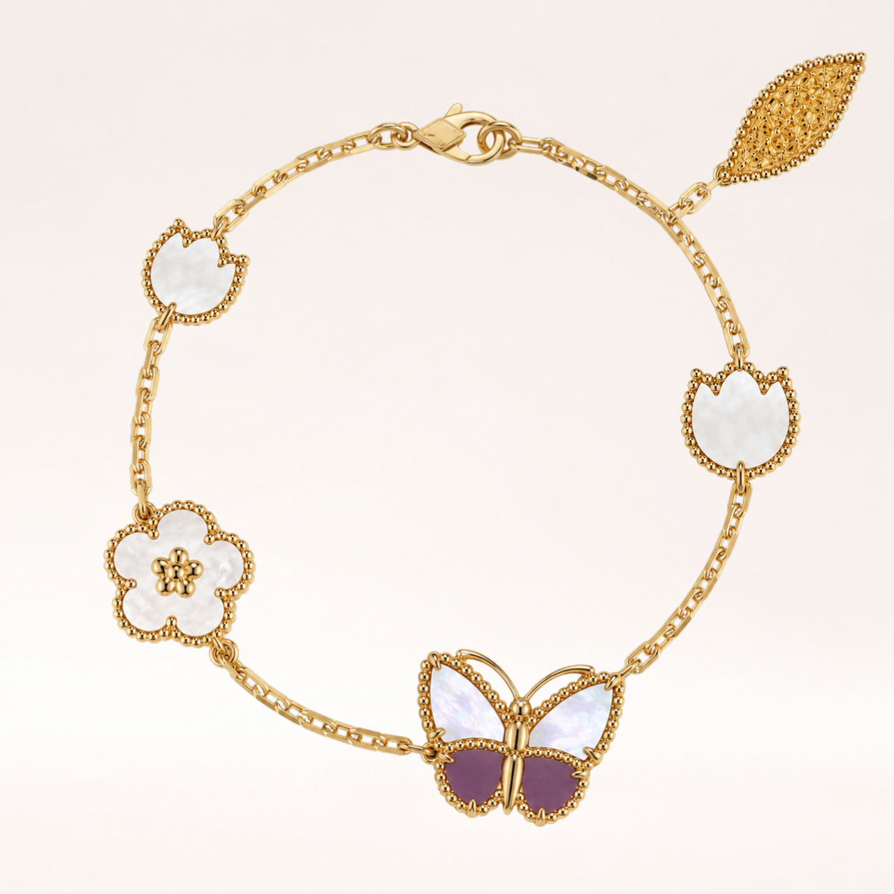 Mother of Pearl Floral Butterfly Purple Bracelet 5 Motifs
