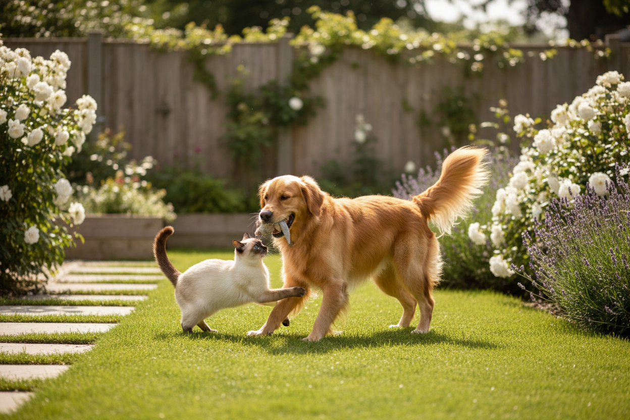 Dog & Cat Playing Outdoors
