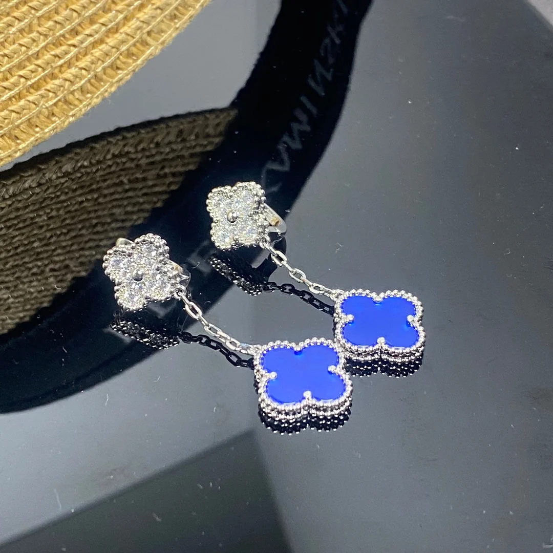Magic Alhambra Blue Agate Pavé Diamonds Earrings