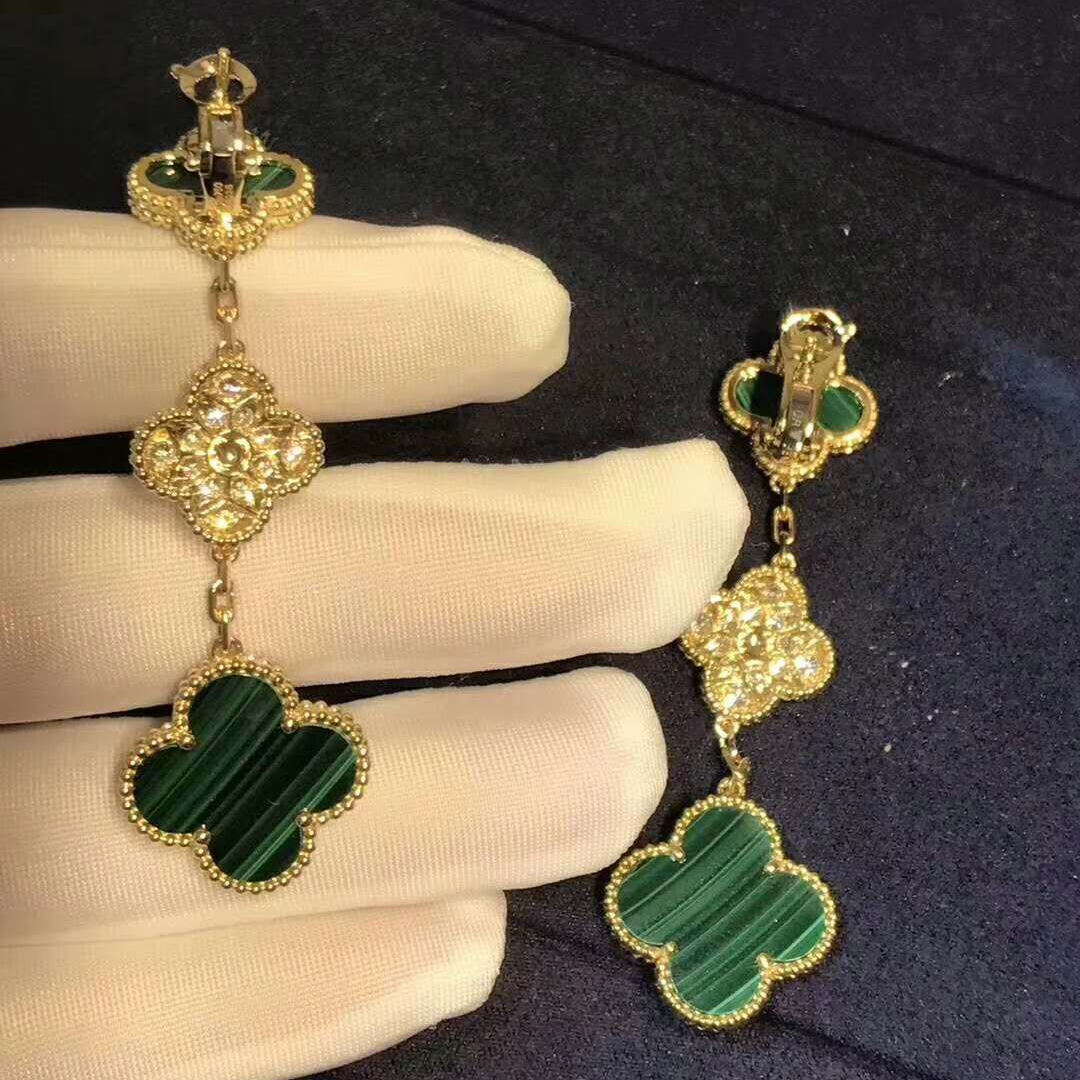 Magic Alhambra Malachite Three Motifs Clover Earrings