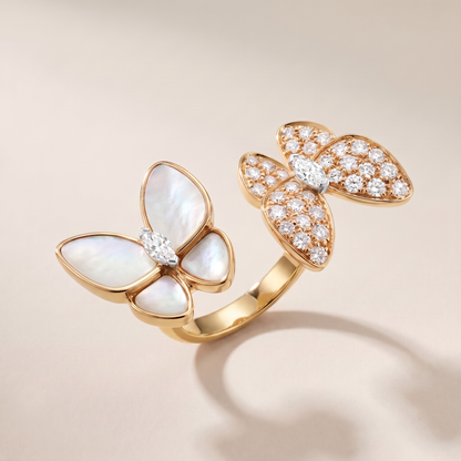 Two Butterfly Between The Finger Pearl Pavé Ring