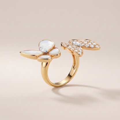 Two Butterfly Between The Finger Pearl Pavé Ring