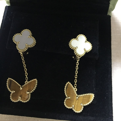 Tiger Eye and Mother of Pearl Two Motif Butterfly Earrings
