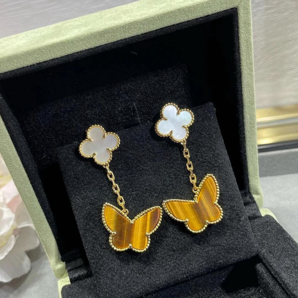 Tiger Eye and Mother of Pearl Two Motif Butterfly Earrings