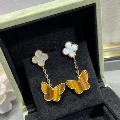 Tiger Eye and Mother of Pearl Two Motif Butterfly Earrings