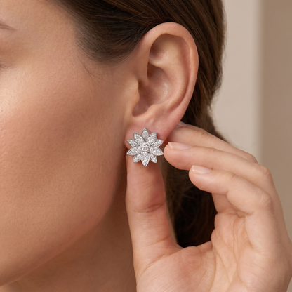 Lotus One Flower Pavé Diamonds Stud Earrings