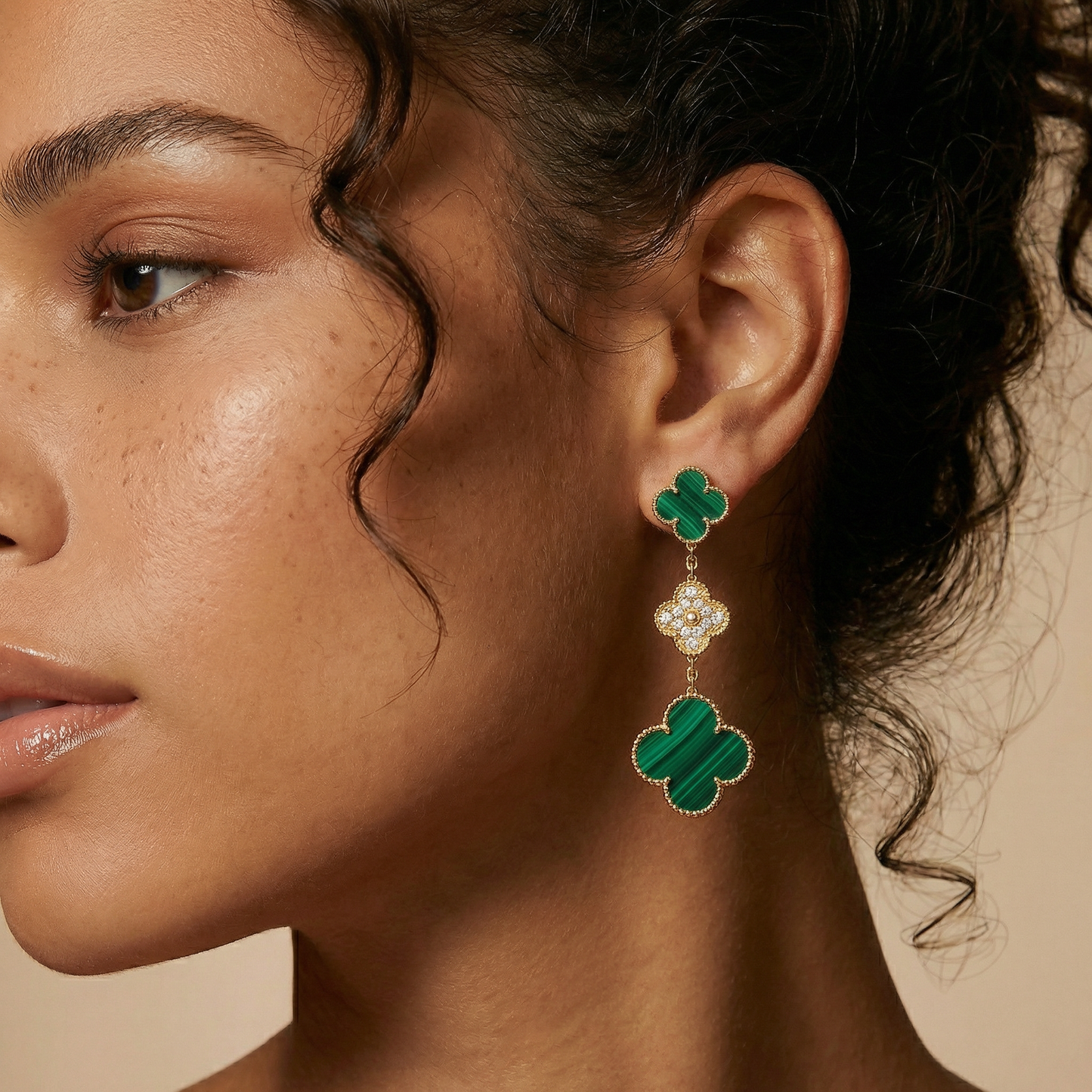 Magic Alhambra Malachite Three Motifs Clover Earrings