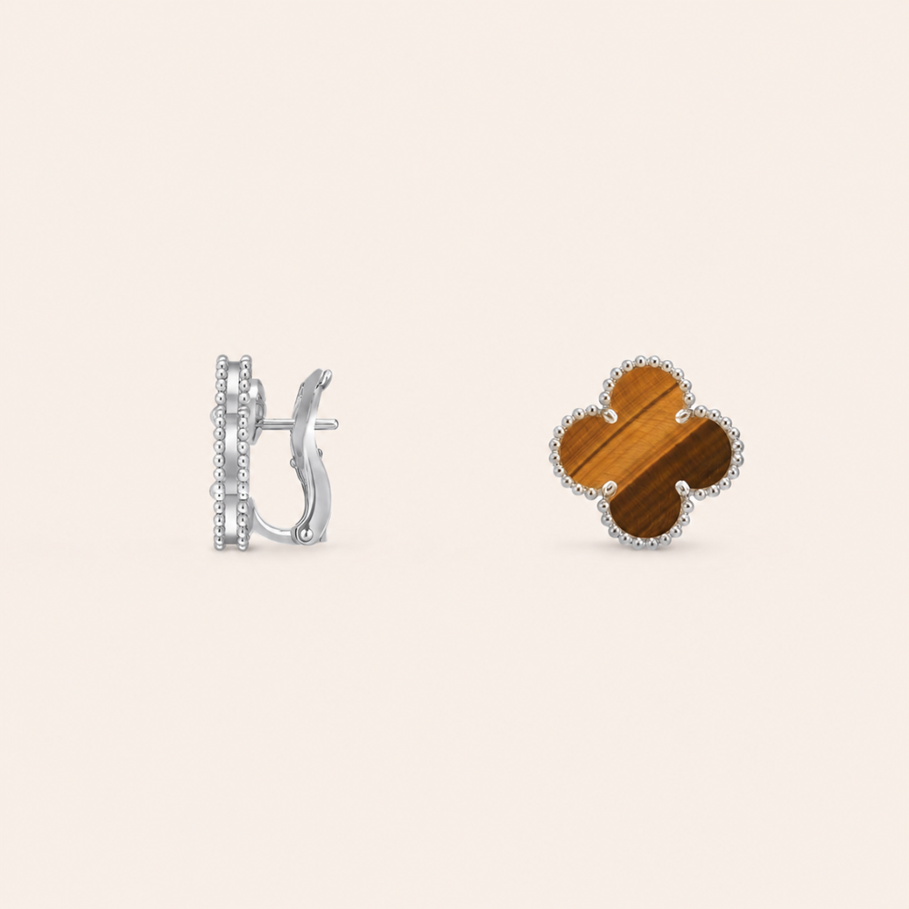 Tiger Eye Clover Huggie Earrings