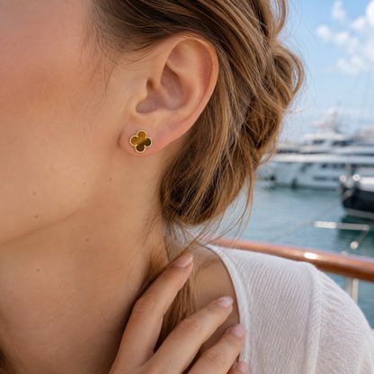 Tiger Eye Clover Huggie Earrings