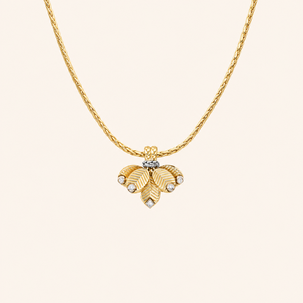 Sculpted Triple Leaf Pendant Necklace with CZ Accents