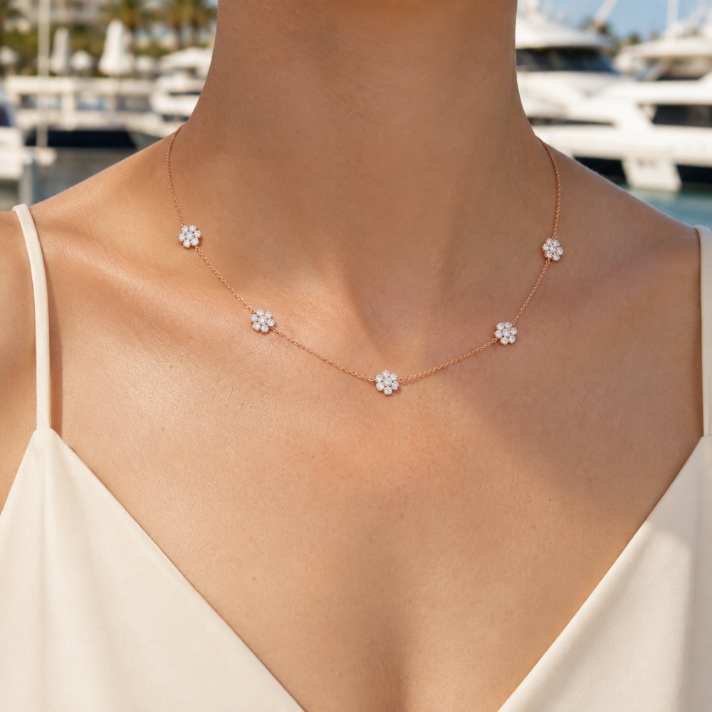 Five-Motif Pavé Floral Necklace