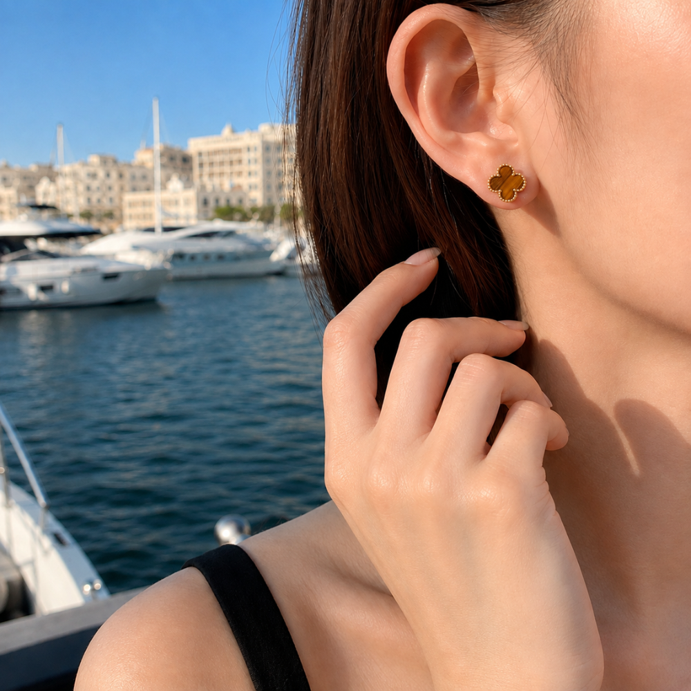 Tiger Eye Clover Huggie Earrings