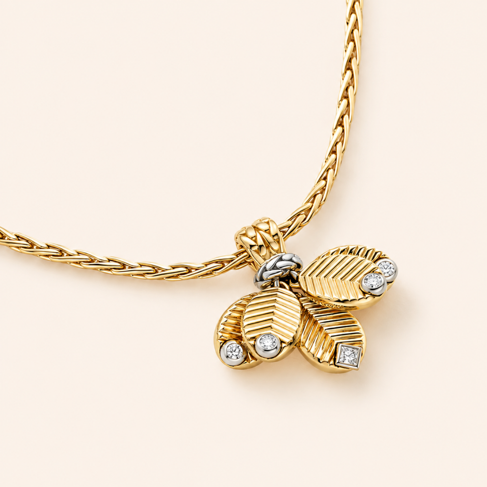Sculpted Triple Leaf Pendant Necklace with CZ Accents