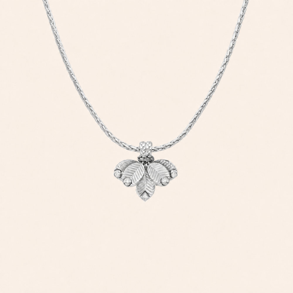 Sculpted Triple Leaf Pendant Necklace with CZ Accents