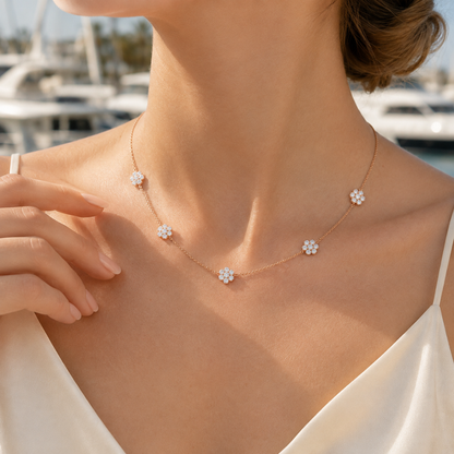 Five-Motif Pavé Floral Necklace