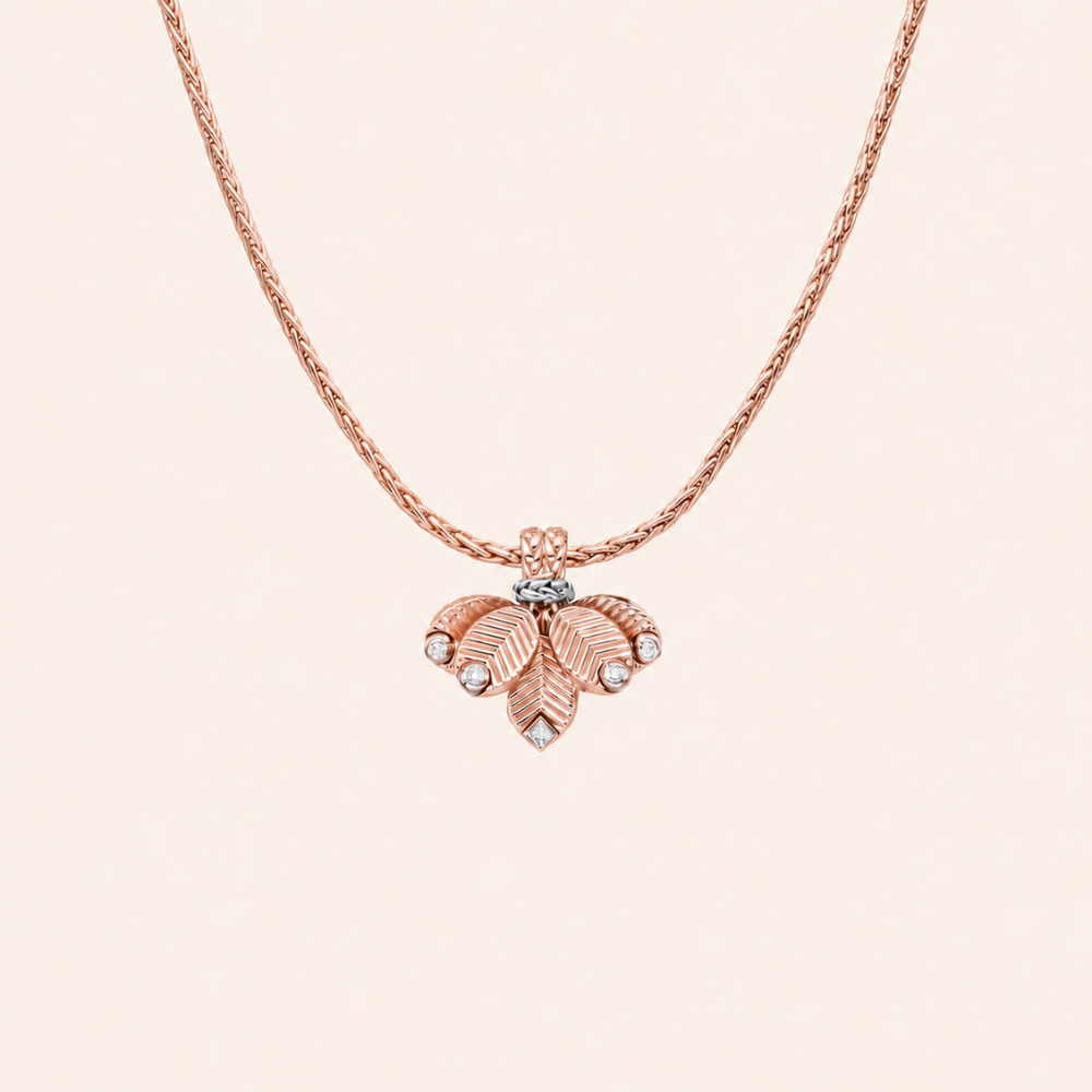 Sculpted Triple Leaf Pendant Necklace with CZ Accents