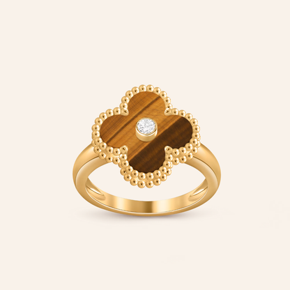 Tiger Eye Clover Ring with CZ Center