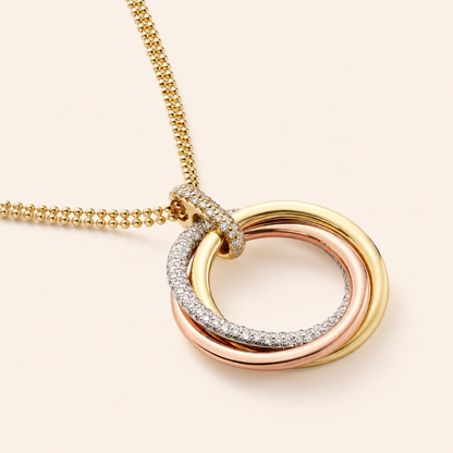 Tri-Color Pavé Interlocking Circle Pendant Necklace