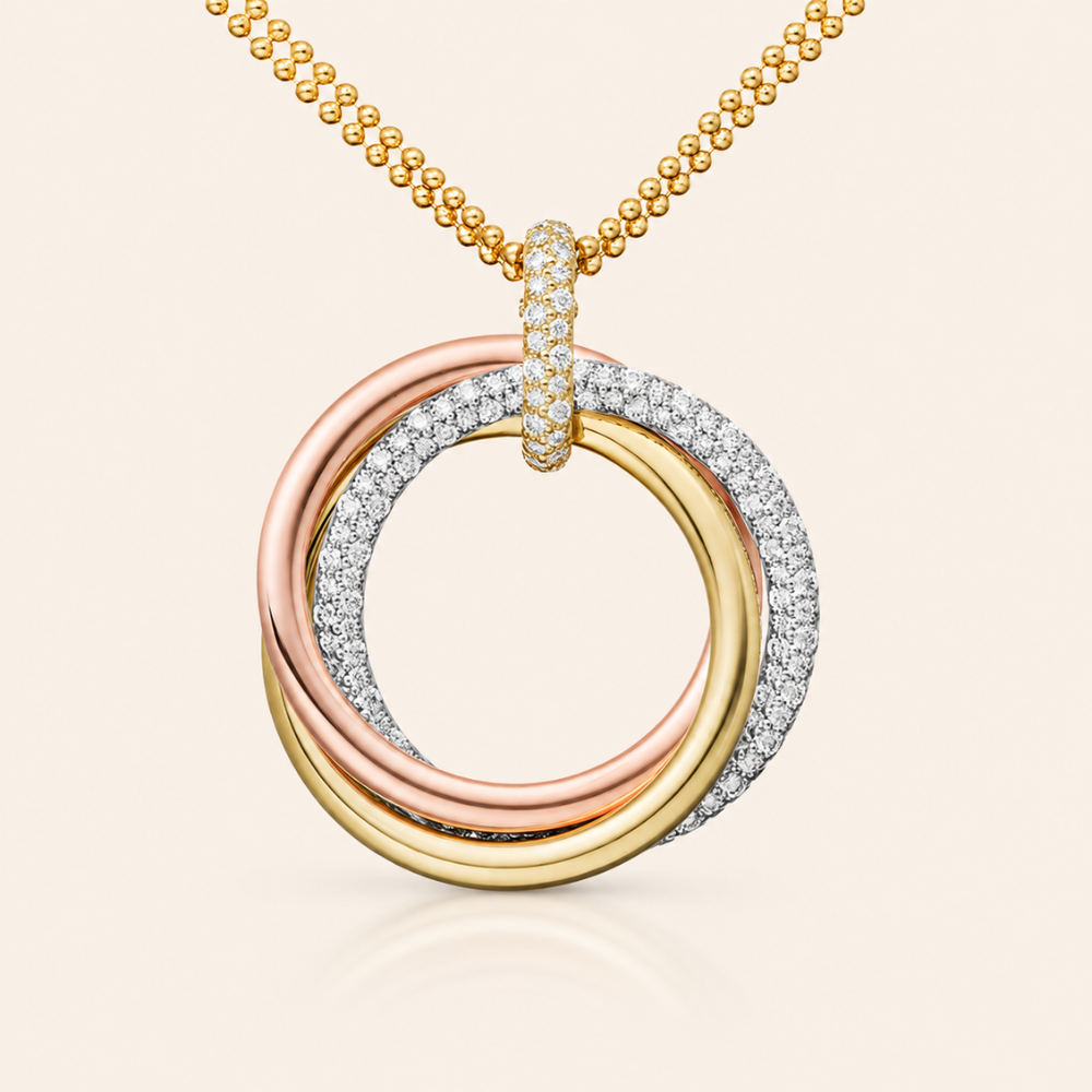 Tri-Color Pavé Interlocking Circle Pendant Necklace