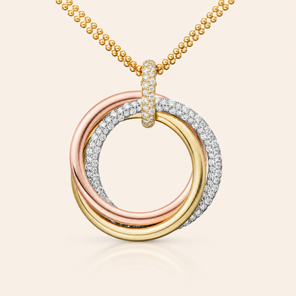 Tri-Color Pavé Interlocking Circle Pendant Necklace