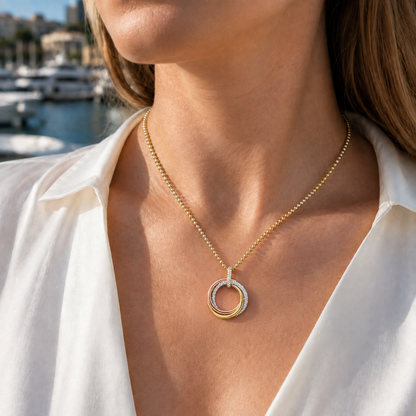 Tri-Color Pavé Interlocking Circle Pendant Necklace