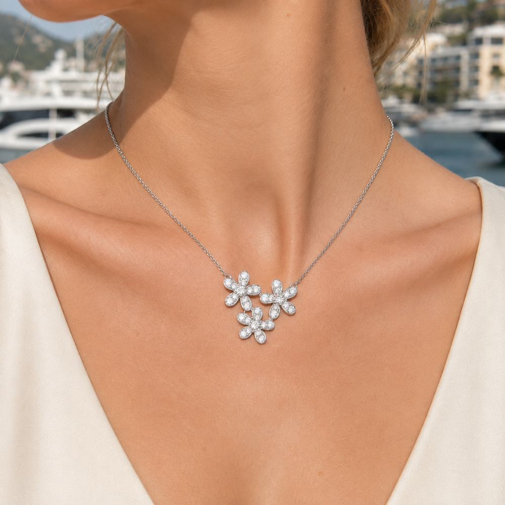 Three-Flower Pavé Cluster Necklace