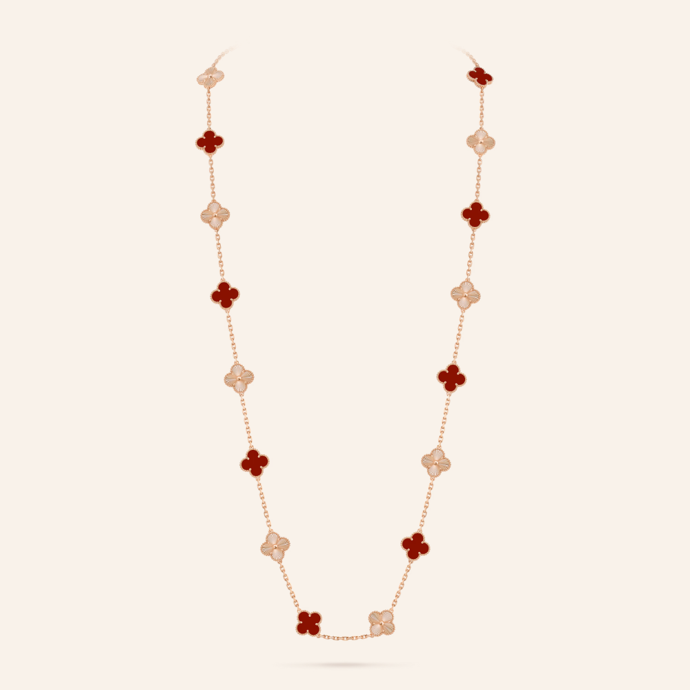 Twenty-Motif Carnelian & Guilloché Clover Long Necklace