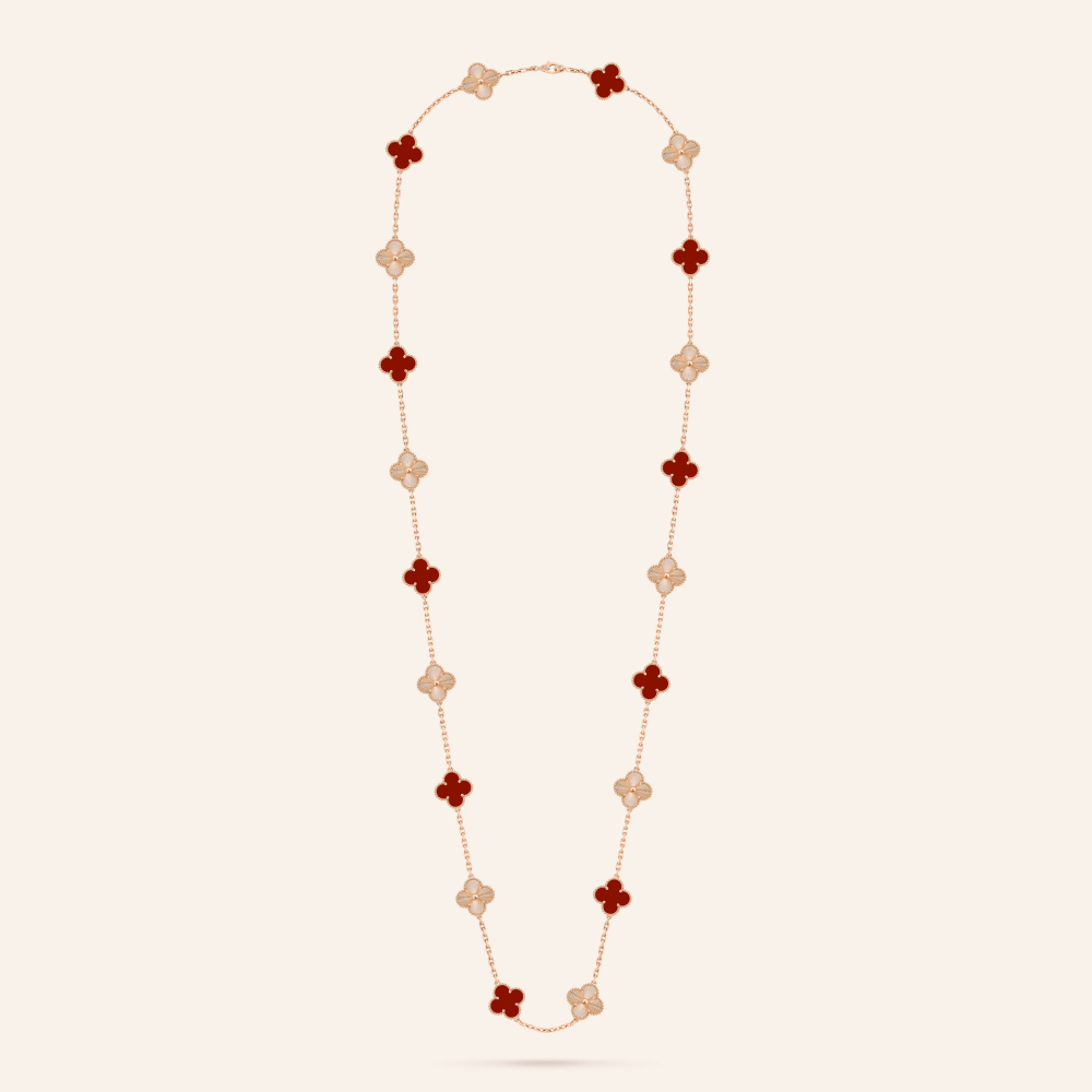 Twenty-Motif Carnelian & Guilloché Clover Long Necklace
