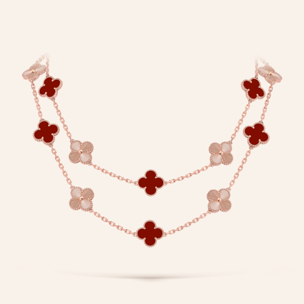 Twenty-Motif Carnelian & Guilloché Clover Long Necklace