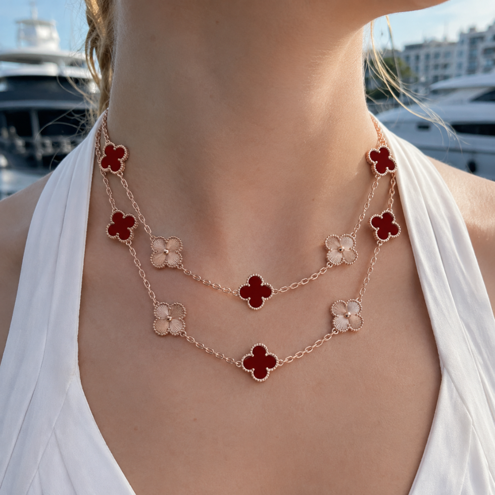 Twenty-Motif Carnelian & Guilloché Clover Long Necklace