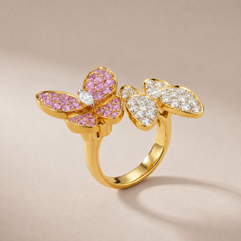 Two Butterfly Pavé Pink Sapphire Ring